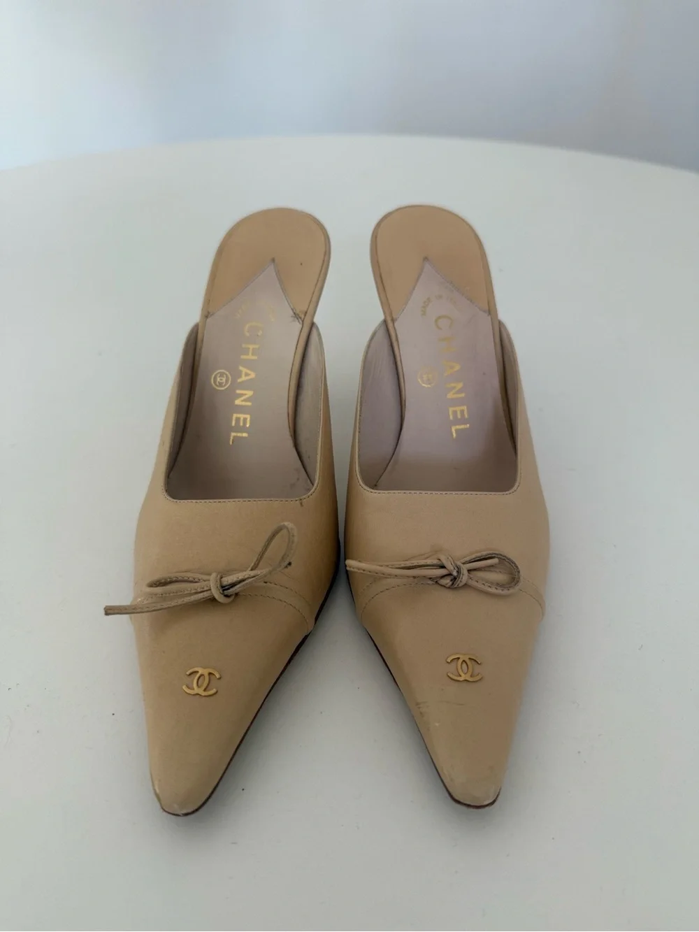 CHANEL Nude Beige Pointed-Toe Leather Mule Heels